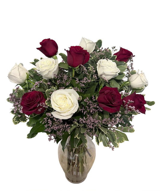 Red & White Rose Arrangement with Limonium